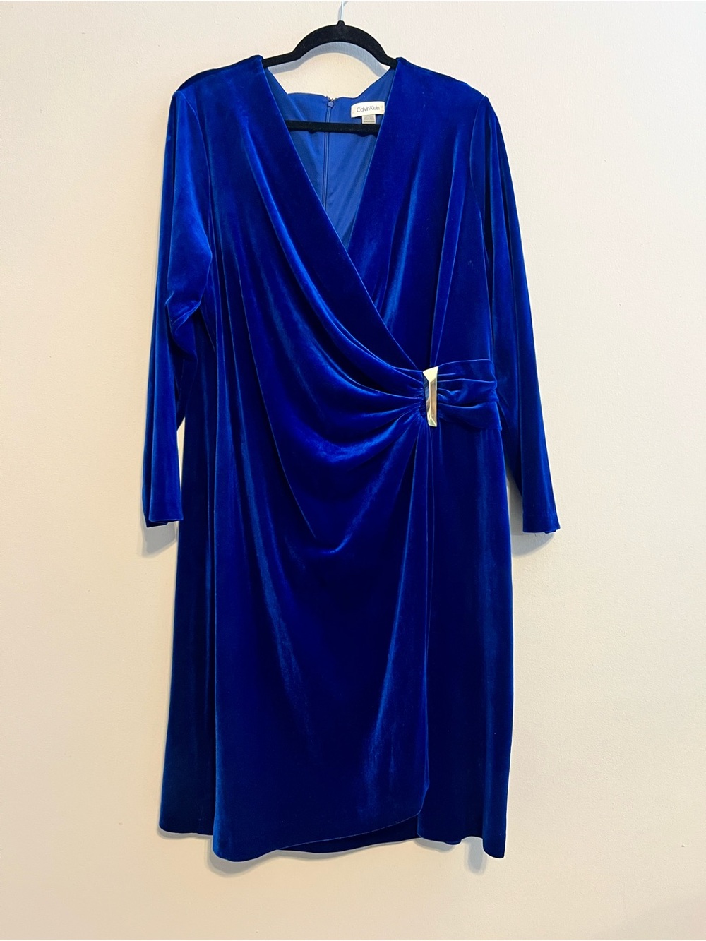 Calvin Klein Royal Blue Velvet Draped Wrap Dress with Gold Accent | Women’s 20